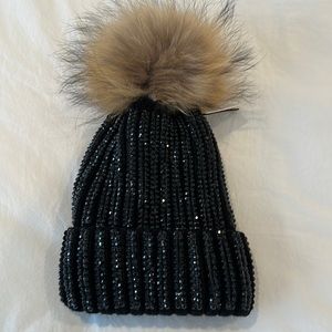 Black rhinestone winter hat with fox fur